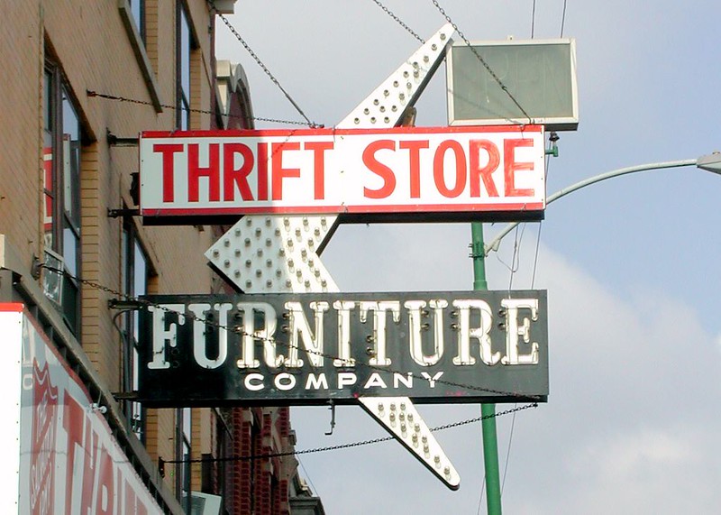 Sign of a thrift store somewhere unknown, but gives a great example of what thrift store signs might look like. 