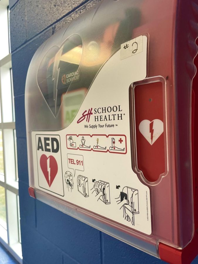 AED machine located outside the nurses office.